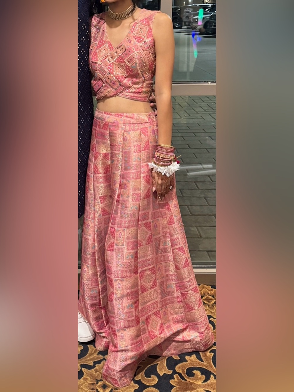 Pink Banarasi Wedding Guest 3-piece Palazzo, Blouse and Dupatta set